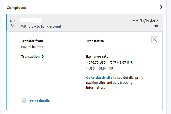 Screenshot about PayPal currency conversion fees