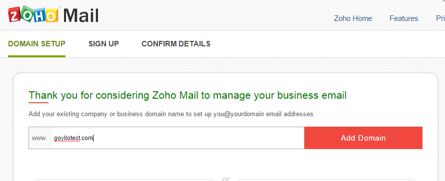 add your domain name to zoho mail