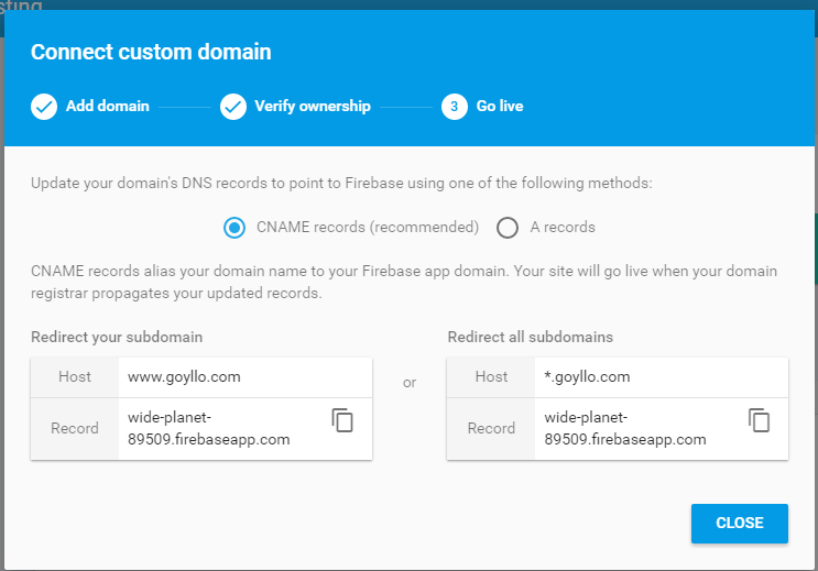 Add firebase CNAME Records